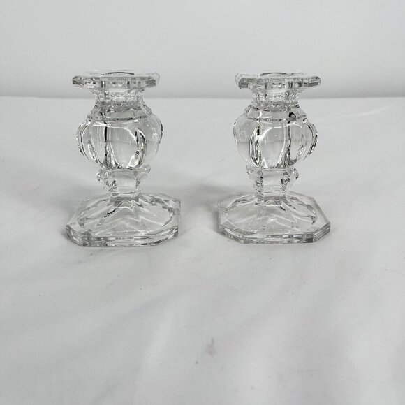 Set of 2 Gorham Crystal 4" Candlestick Holders - Clear Baroque Design Square Bas - Picture 2 of 4